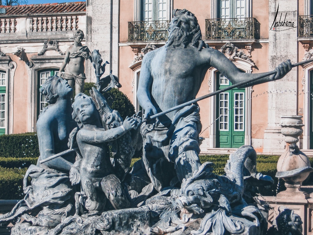 Détail fontaine Poséidon, Palais de Queluz à Sintra, près de Lisbonne, Portugal